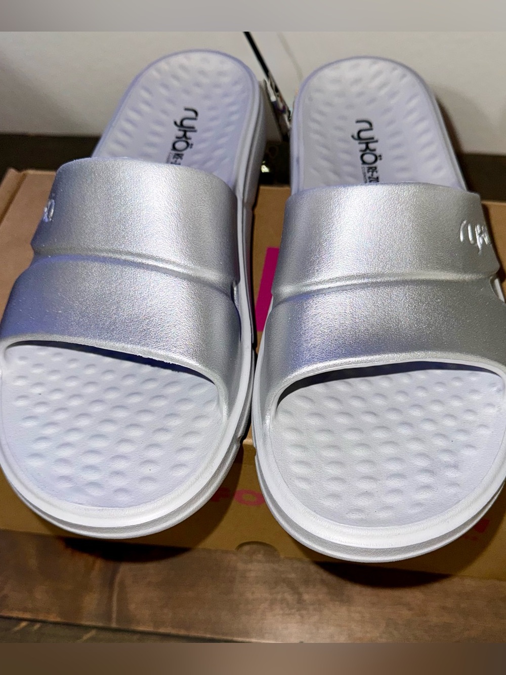 Ryka Silver Metallic Slide Sandals for Women